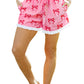 Pink Bow Print Striped Patchwork Elastic Waist Lace Trim Loose Shorts