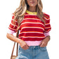 Red Stripe Colorblock Trim Half Sleeve Sweater Top