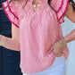 Rose Stripe Shirred Yoke Ruffled Short Sleeve Blouse