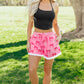 Pink Bow Print Striped Patchwork Elastic Waist Lace Trim Loose Shorts