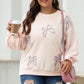 Parchment Embroidered Bow Lantern Sleeve Oversized Pullover Sweatshirt
