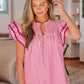 Rose Stripe Shirred Yoke Ruffled Short Sleeve Blouse
