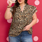Khaki Plus Size Leopard Print Stitch Detail Ruffled Short Sleeve Blouse