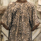 Brown Plus Size Leopard Print Crinkled Colorblock Patchwork V Neck Blouse
