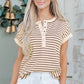 Khaki Stripe Half Buttons Round Neck T Shirt