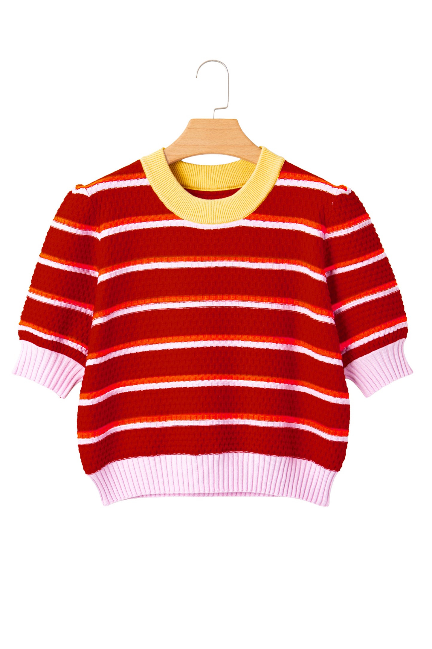 Red Stripe Colorblock Trim Half Sleeve Sweater Top