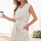Beige Stripe Drawstring Tunic Tank Mini Dress with Pockets