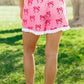 Pink Bow Print Striped Patchwork Elastic Waist Lace Trim Loose Shorts