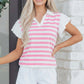 Pink Stripe Collar V Neck Ruffled Short Sleeve Blouse