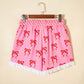 Pink Bow Print Striped Patchwork Elastic Waist Lace Trim Loose Shorts