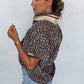 Khaki Leopard Print Half Zip Striped Trim Patchwork Short Sleeve Top