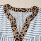 Sky Blue Stripe Leopard Trim V Neck Button Down Half Sleeve Shirt
