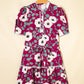 Red Floral Print Trimmed Short Puff Sleeve Mini Dress with Belt