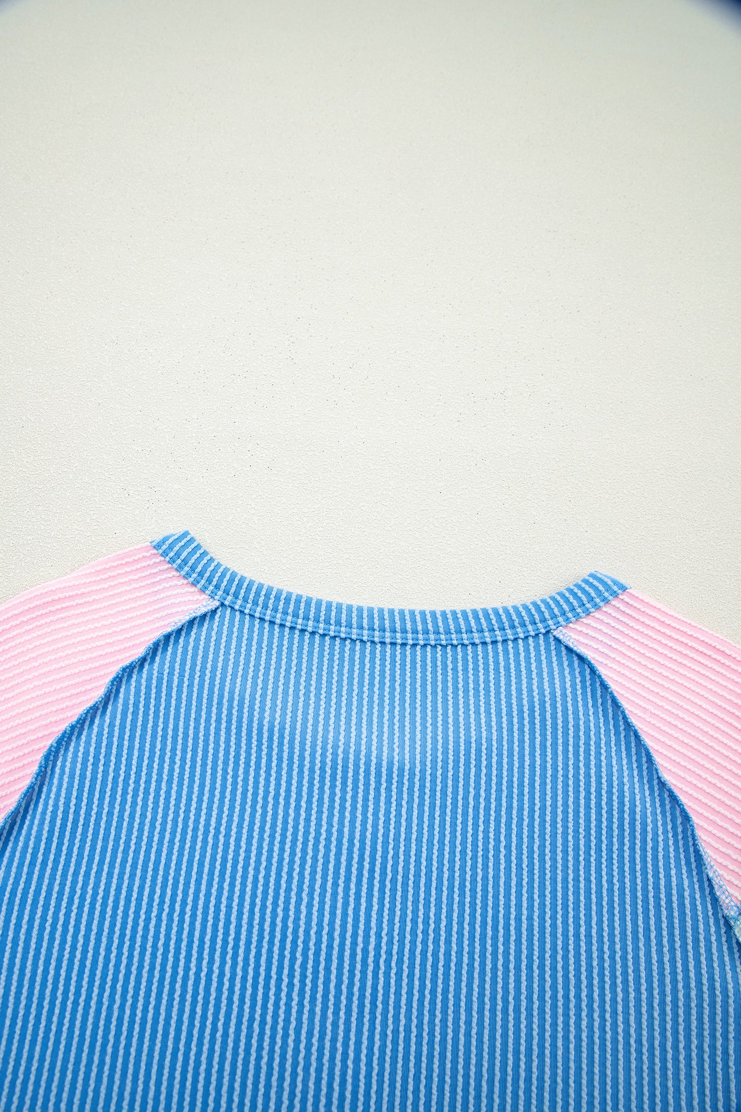 Blue Twisted Ribbed Color Block Patchwork Henley Short Sleeve T Shirt