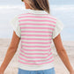 Pink Stripe Collar V Neck Ruffled Short Sleeve Blouse