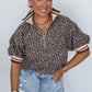 Khaki Leopard Print Half Zip Striped Trim Patchwork Short Sleeve Top