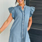 Myosotis Frilled Detail Button Down Ruffle Short Sleeve Denim Mini Dress