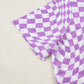 Purple Checkered Print Mock Neck Mesh T Shirt