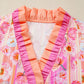 Pink Poppy Flower Striped Print Color Block Trim V Neck Short Sleeve Blouse