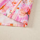 Pink Poppy Flower Striped Print Color Block Trim V Neck Short Sleeve Blouse