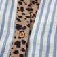 Sky Blue Stripe Leopard Trim V Neck Button Down Half Sleeve Shirt