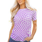 Purple Checkered Print Mock Neck Mesh T Shirt
