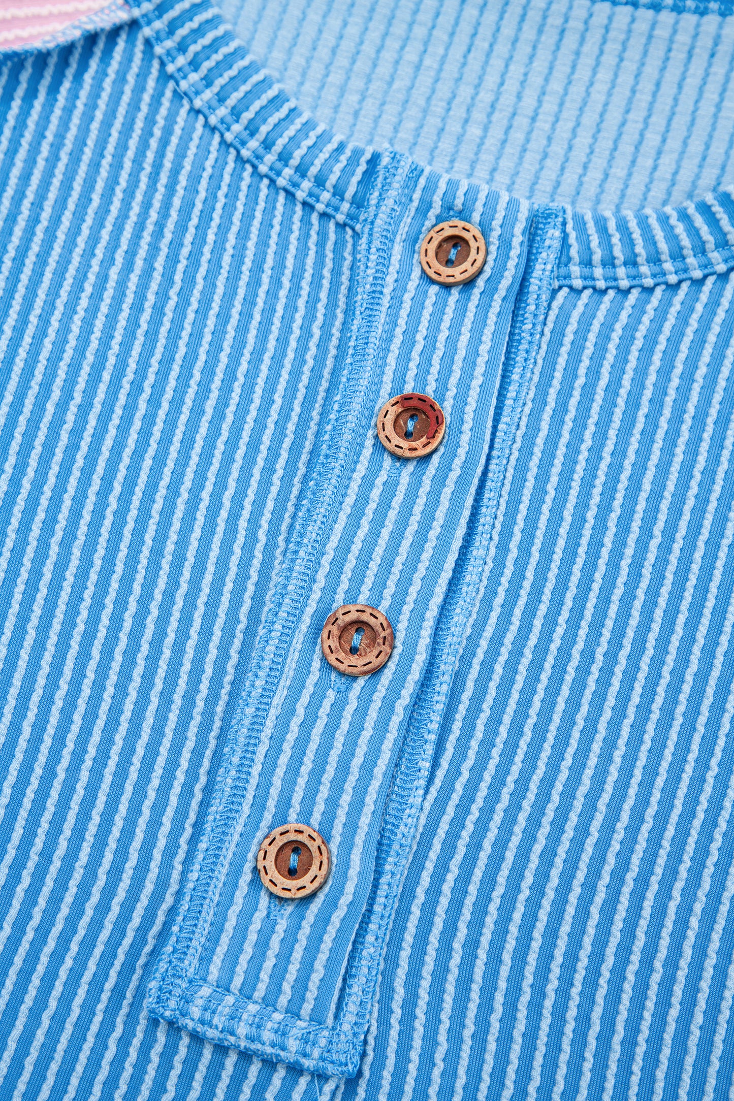 Blue Twisted Ribbed Color Block Patchwork Henley Short Sleeve T Shirt