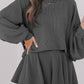 Dark Grey Corded Lantern Sleeve Top High Waist Ruffled Mini Skort Set