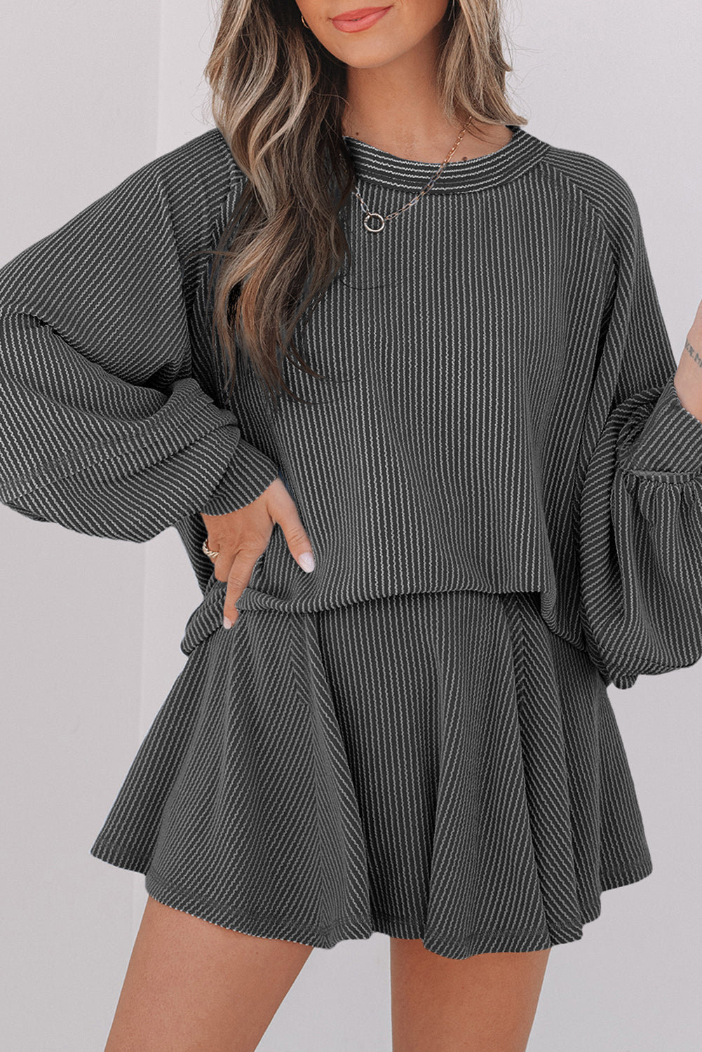 Dark Grey Corded Lantern Sleeve Top High Waist Ruffled Mini Skort Set