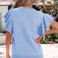 Beau Blue Solid Color Ribbed Trim Round Neck Ruffle Short Sleeve Sweater
