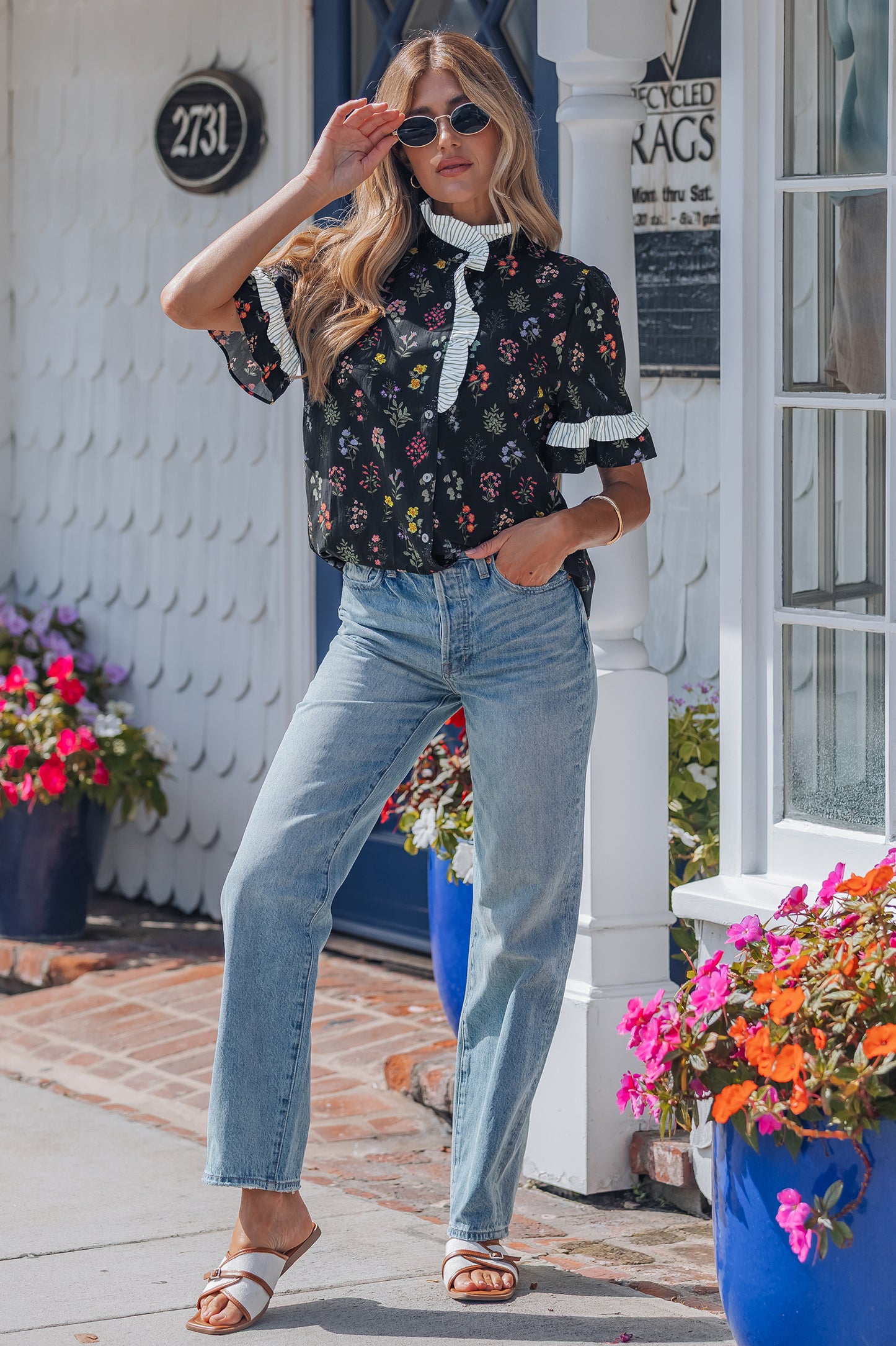 Black Contrast Frilled Trim Short Sleeve Floral Shirt