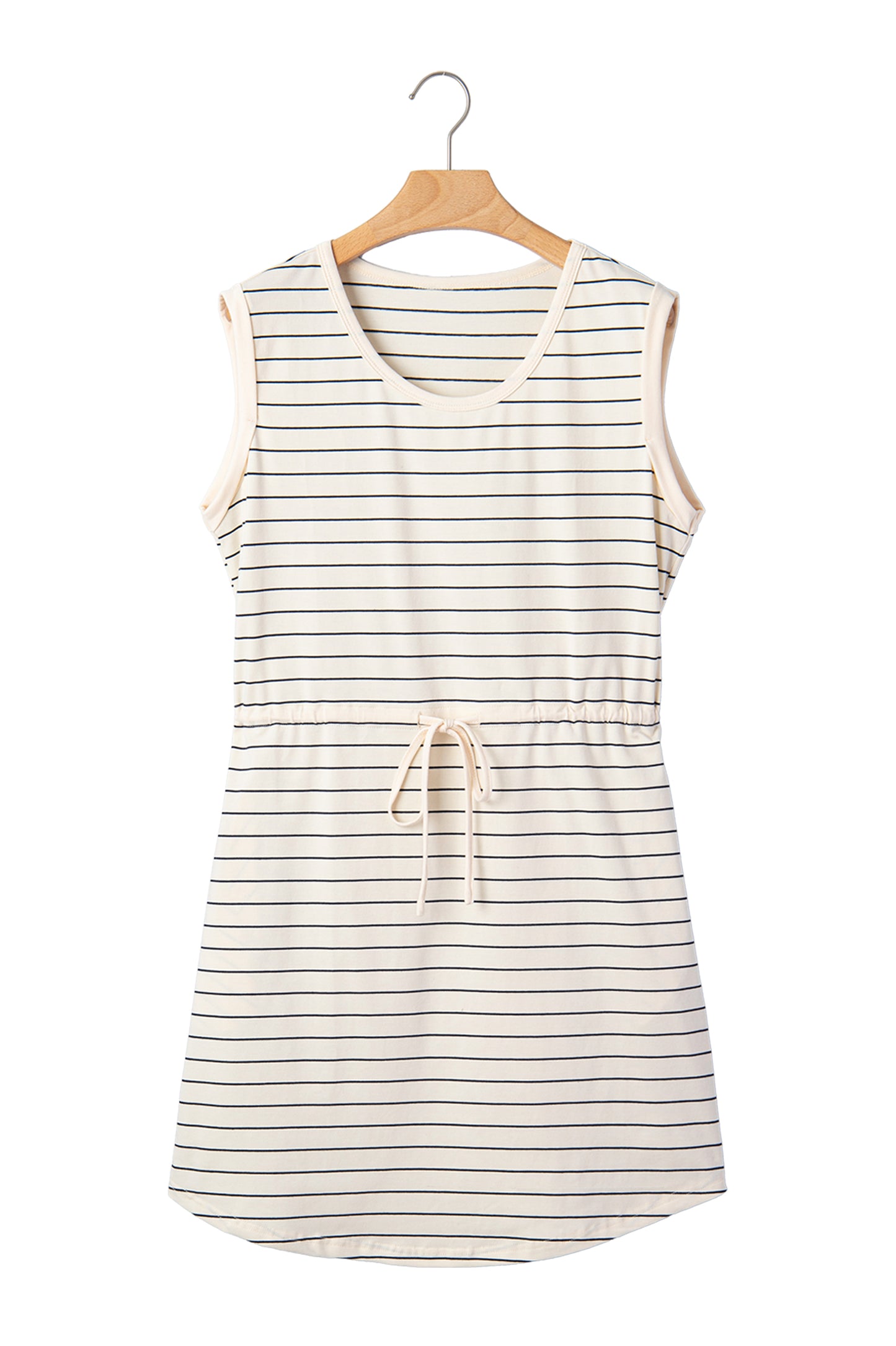 Beige Stripe Drawstring Tunic Tank Mini Dress with Pockets