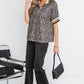 Khaki Leopard Print Half Zip Striped Trim Patchwork Short Sleeve Top