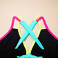 Black Floral Textured Neon Trim V Neck Crisscross Backless Tankini Set