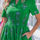 Green Floral Print Split Neck Shirred High Waist Ruffle Hem Maxi Dress