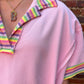 Pink Rainbow Stripe Ribbed Patchwork Raw Seam Oversize Polo Tee