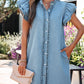 Myosotis Frilled Detail Button Down Ruffle Short Sleeve Denim Mini Dress