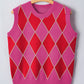 Rose Glitter Trim Rhombus Pattern Knit Sweater Vest