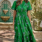 Green Floral Print Split Neck Shirred High Waist Ruffle Hem Maxi Dress