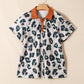Casual Unique Leopard Print Button Contrast Collared Short Sleeve Blouse