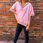 Pink Rainbow Stripe Ribbed Patchwork Raw Seam Oversize Polo Tee