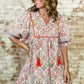 Pink Floral Print Tassel Tie V Neck Scalloped Detail Loose Mini Dress