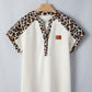Beige Leopard Patchwork Half Button Short Sleeve Top