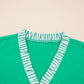 Dark Green Plus Size Button Front Ruffled Stripe Trim V Neck Flutter Sleeve Blouse