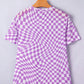 Purple Checkered Print Mock Neck Mesh T Shirt
