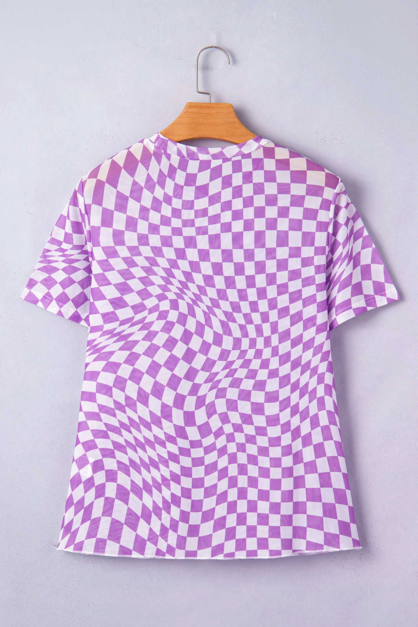 Purple Checkered Print Mock Neck Mesh T Shirt