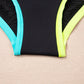 Black Floral Textured Neon Trim V Neck Crisscross Backless Tankini Set