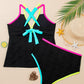 Black Floral Textured Neon Trim V Neck Crisscross Backless Tankini Set