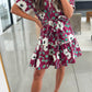 Red Floral Print Trimmed Short Puff Sleeve Mini Dress with Belt