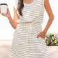 Beige Stripe Drawstring Tunic Tank Mini Dress with Pockets